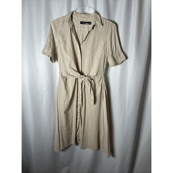 Lauren Ralph Lauren Beige Linen Tie Waist Midi Dress - Picture 3 of 5